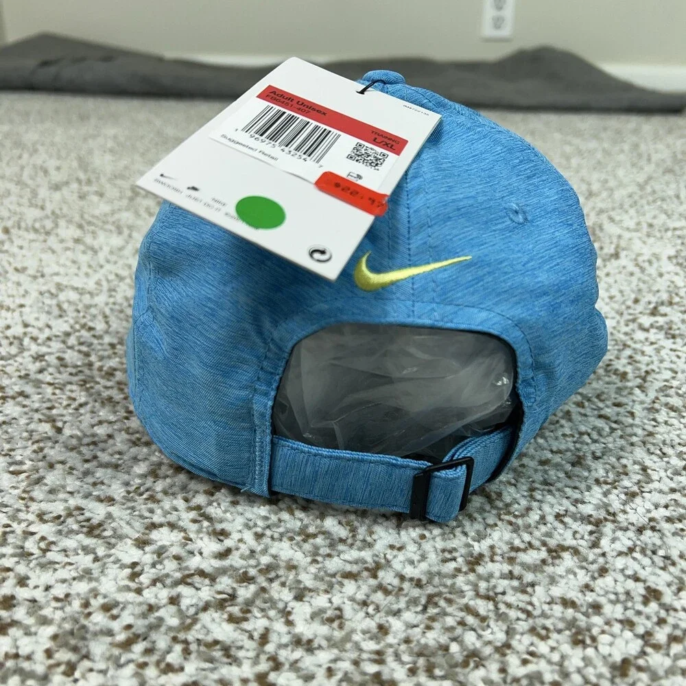 Nike Hat Cap Strap Back Large Blue Yellow Swoosh Dri FIT Athletic Men Sport Logo
